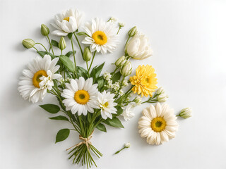 Obraz premium Bouquet of white flowers against a white background. Flat lay style image with concepts of beauty and purity.