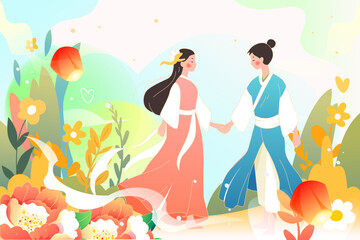 Tanabata Valentine's Day Cowherd and Weaver Girl Magpie Bridge Meeting Love Characters Illustration