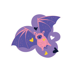 Cute cartoon bat with hearts, congratulatory funny children's Valentine's Day party vector character