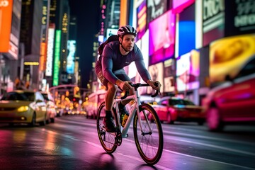 Fototapeta na wymiar Cyclist in motion on the night city background with color lights