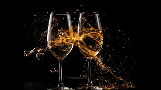 Golden yellow firework and two champagne glasses on the black background. Generative AI