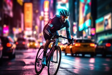 Cyclist in motion rifing road bike the night city