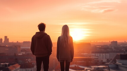 man and woman stand on penthouse watching sunset on evening sky on city