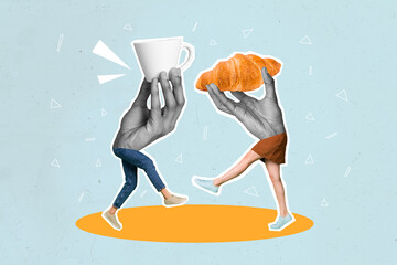 Creative composite illustration photo collage of bodyless people hands instead of body hold cup...