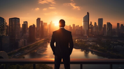 Fototapeta premium man stand on penthouse watching sunset on evening sky on city