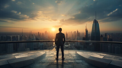 man  stand on penthouse watching sunset on evening sky on city - obrazy, fototapety, plakaty