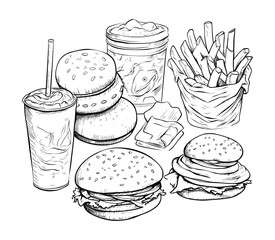 Fototapeta premium Collection of hand drawn fast food