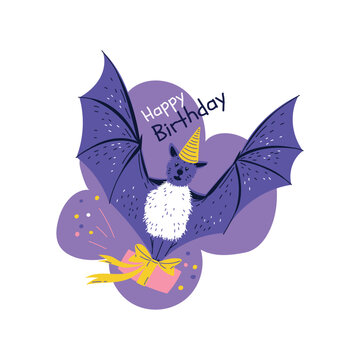 Cute cartoon bat with gift box in paws, congratulatory funny children's Happy birthday character, vector illustration