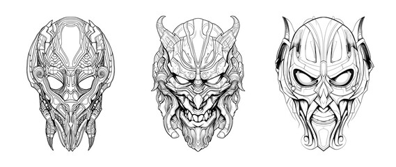 Portraits of terrible aliens for coloring. Mystical and spooky characters created  with generative AI.

