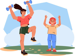 Mother and child doing sport workout outdoor together. Family sport activity and healthy lifestyle.