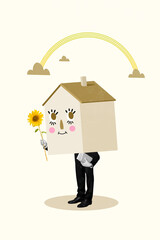 Photo composite picture collage creative surreal head birdhouse human holding sunflower present...