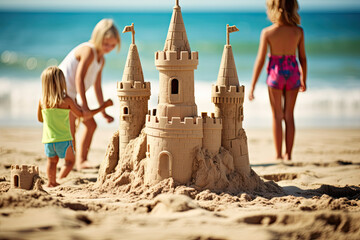 children playing on the beach making a sand castle 