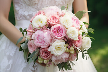 bride holding bouquet of pink, white peonies  flowers