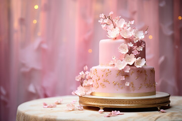 wedding pink cake with pink flowers on a table