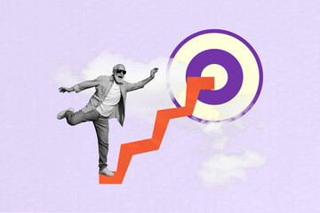 Photo creative business conceptual collage placard ambitious cool elderly businessman climb up darts target isolated on purple background