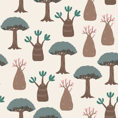 Dragon adenium obesum and blood dragon tree seamless pattern. Socotra island landscape background, vector illustration.