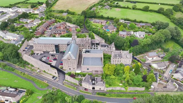 Bodmin Jail and Bodmin Luxury Hotel from a drone, Bodmin Moor, Cornwall, England, UK