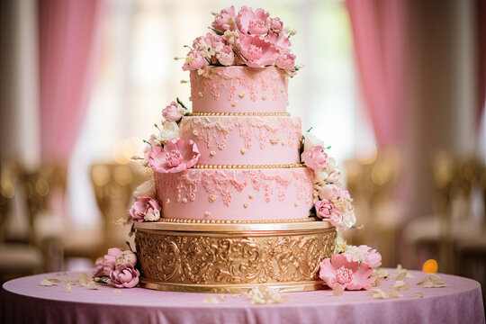 wedding pink cake with pink flowers on a table