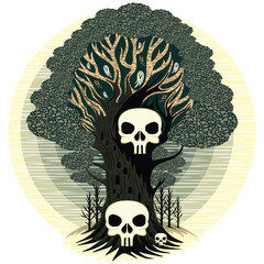 Evil Spirits Tree with skulls and Ghosts Creepy Halloween Nightmare Vector Illustration