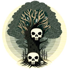 Fototapete Zeichnung Evil Spirits Tree with skulls and Ghosts Creepy Halloween Nightmare Vector Illustration