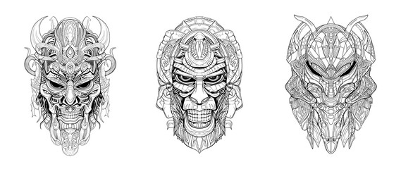Mythical divinity portrait. Terrible mask for coloring. Mystical and spooky creatures created  with generative AI.