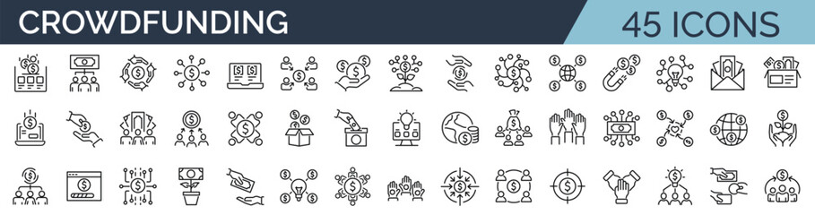 Set of 45 outline icons related to crowdfunding, fundraising, investment. Linear icon collection. Editable stroke. Vector illustration