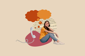 Collage banner of thoughtful dreaming woman bubble cloud listening contact telemarketing call...