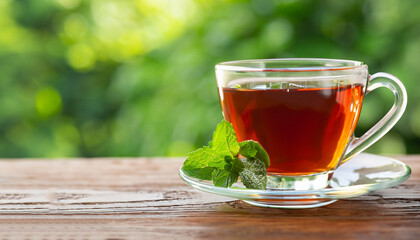 black tea with mint in glass cup on wooden table with green natural blurred background