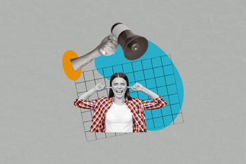 Photo banner template collage of young woman avoid listen loud voice megaphone speech irritated bad...