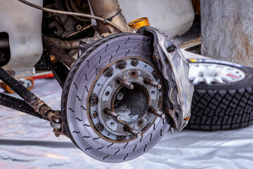 Rally race car brake system detail close up