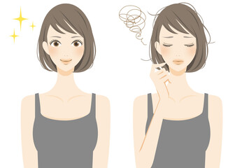 ヘアケア問題の解決と不満パターンのイラストセット