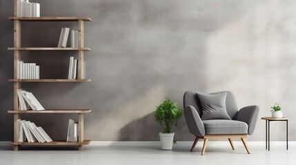 Interior design of modern living room with shelving unit near concrete wall and gray armchair near window generative ai