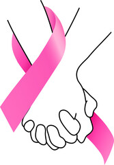 Holding hands with pink ribbon. Breast Cancer Awareness Month Campaign. Icon design for poster, banner, t-shirt. Illustration
