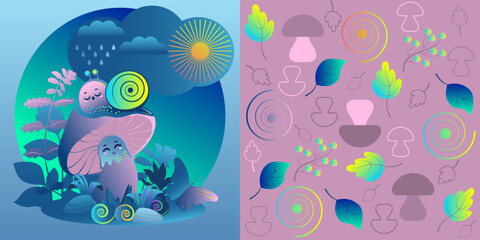 Set of seamless pattern and poster for kids. Modern gradient style. Vector elements mushroom, snail, butterfly, leaves, sun, clouds. Background, template, wallpaper, social media, wrapping, pack paper