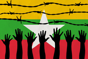 Myanmar Flag Behind Barbed Wire