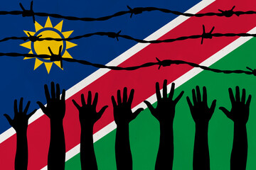 Namibia flag behind barbed wire fence. Group of people hands. Freedom and propaganda concept