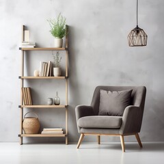 Interior design of modern living room with shelving unit near concrete wall and gray armchair near window generative ai