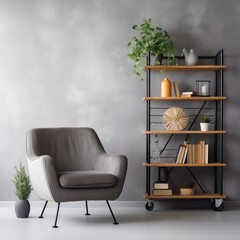 Interior design of modern living room with shelving unit near concrete wall and gray armchair near window generative ai