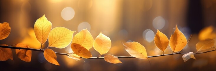 Fototapeta premium Horizontal image with golden sunny leaves. Generative AI