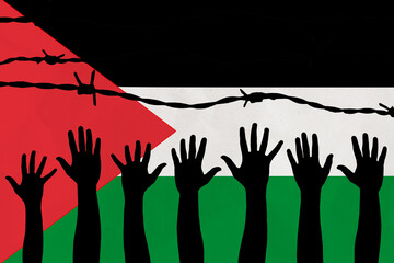 Palestine flag behind barbed wire fence. Group of people hands. Freedom and propaganda concept