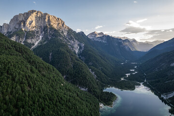 Fototapeta na wymiar Predil Lake and Alpine mountains landscape in Italy. Aerial drone view