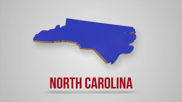  Animated map showing the state of North Carolina from the United State of America isolated on blue background. 3d North Carolina state. USA. Text or labels North Carolina with silhouette