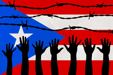 Puerto Rico flag behind barbed wire fence. Group of people hands. Freedom and propaganda concept