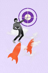 Artwork 3d collage of cool young businessman directing finger center bullseye rocket flying launch...