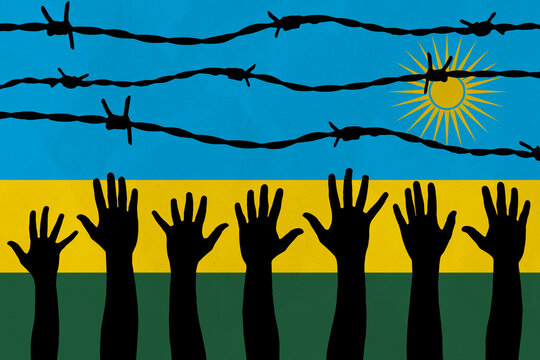 Rwanda flag behind barbed wire fence. Group of people hands. Freedom and propaganda concept