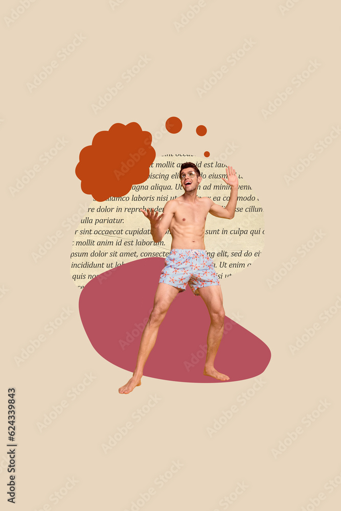 Poster vertical illustration collage of funny young shirtless macho summer party opinion bubble cloud sale 