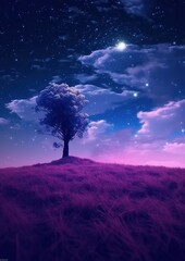 Obraz na płótnie Canvas Fantasy landscape with purple scenery and galaxy view, trees, and planet in sky. Generative Ai. 