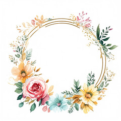 Fototapeta na wymiar Watercolor floral wreath with flowers and leaves. Hand painted illustration. ai generated