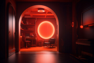 Architecture and interior design concept. Abstract retro minimalist interior colorful design background with copy space. Vivid colors, futuristic style with various objects in room. Generative AI
