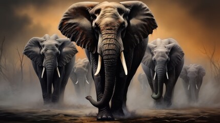 Fototapeta na wymiar A group of African elephants on a dark background
